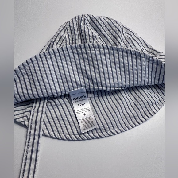 12 month old Carter’s navy striped onesie sleeveless with matching velcro hat - Picture 5 of 7